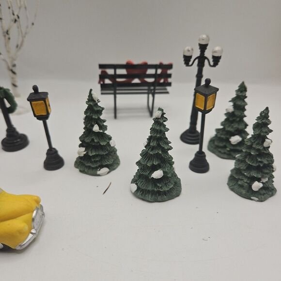 Vintage Village Mini Yellow Taxi Ceramic Car Trees Street Lamps Decorations - Picture 6 of 16